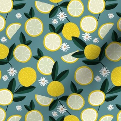 Lush citrus garden botanical boho lemons and summer leaves kitchen restaurant petrol stone blue bright yellow