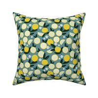 Lush citrus garden botanical boho lemons and summer leaves kitchen restaurant petrol stone blue bright yellow