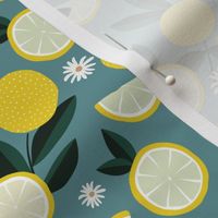 Lush citrus garden botanical boho lemons and summer leaves kitchen restaurant petrol stone blue bright yellow