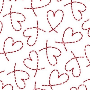 504 - Large scale romance with fresh white and red tossed random non directional  dashed line love hearts for valentines, weddings, kids/children apparel, nursery wallpaper, cot sheets, duvet covers, table linen