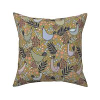 Large scale spring funny chicken, summertime in forest in forest green 