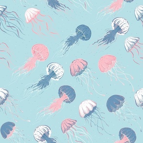 Jellyfishes / pink blue color palette / kids bathroom swimwear
