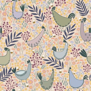 Small scale spring funny chickens, summertime in forest in beige