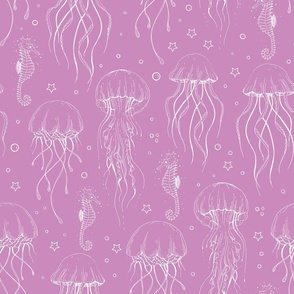 Purple White Jellyfishes and seahorses texture / kids summer bathroom 