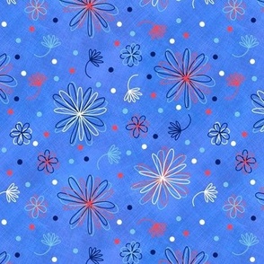 Whimsical Flowers, Red White and Blue