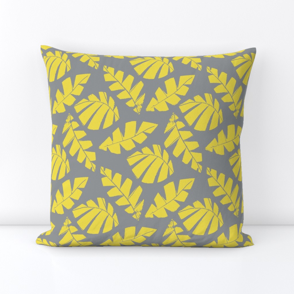 Yellow Grey Mono Print Leaves