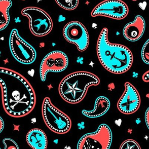 Death by Paisley // Rockabilly Bandanna Jam © ZirkusDesign in Jet Black, Coral Lipstick Red, and Electric Turquoise