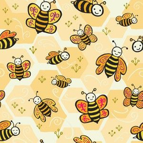 Small Face Mask Cute Happy Honey Bees with Folksy Swirl Wings // © ZirkusDesign Spring, Garden, Botanical, Honeycomb, Hive, Buzz, Friends, Insect, Pollinator