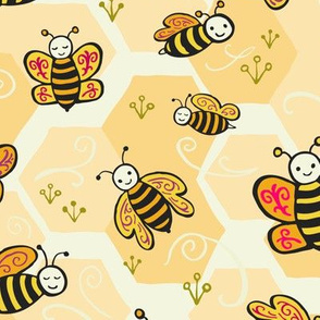 Medium Cute Happy Honey Bees with Folksy Swirl Wings // © ZirkusDesign Spring, Garden, Botanical, Honeycomb, Hive, Buzz, Friends, Insect, Pollinator