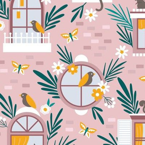 Animals In Floral Windows Whimsical Pink Brick House Cats, Puppy, Butterfly, Birds