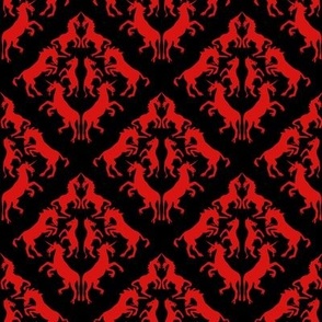 Scarlet Red Unicorn Damask on Black