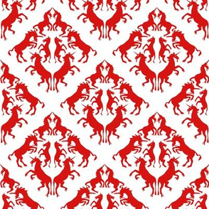 Scarlet Red Unicorn Damask on White