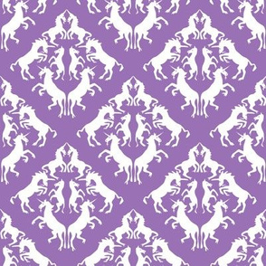 White Unicorn Damask on Lavender Purple