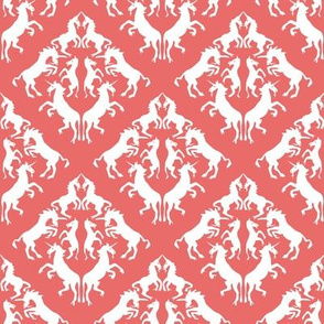 White Unicorn Damask on Coral Pink