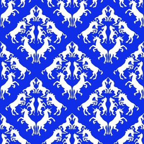 White Unicorn Damask on Blue