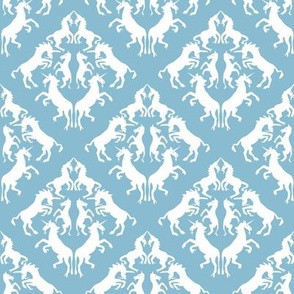 White Unicorn Damask on Sky Blue