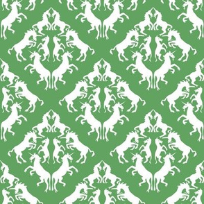 White Unicorn Damask on Grass Green