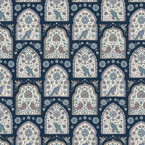 Folly - Exotic Windows with Fantasy Birds and Flowers on Dark Blue - SMALL-Scale - Unblink Studio by Jackie Tahara