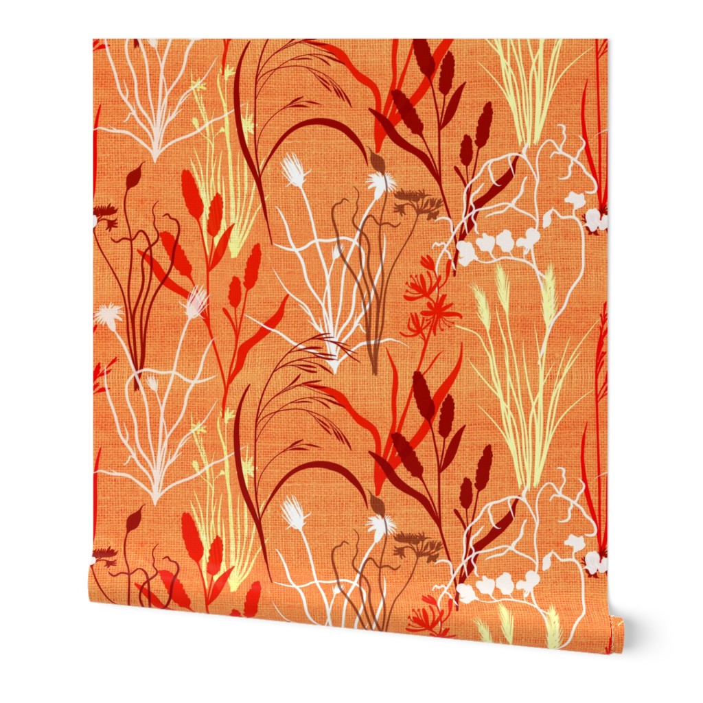 wild grasses on textured electric tangerine color