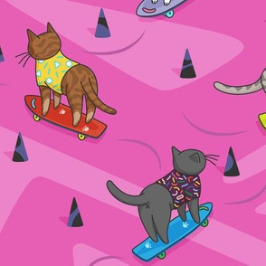 Skateboarding cats on the streets of Catsville in pink