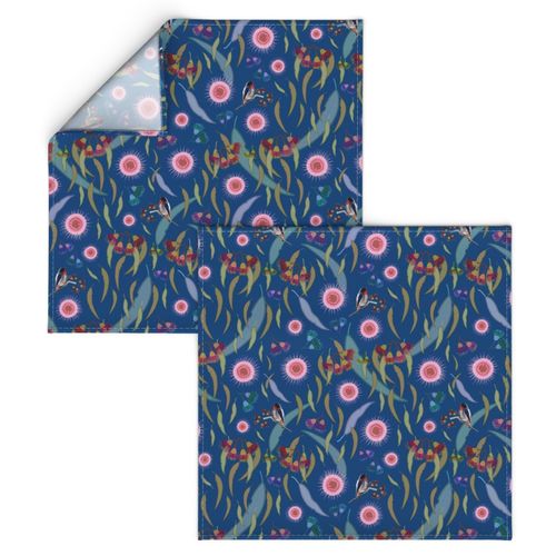 Eucalyptus Leaves, Blossom & Mistletoe Birds - twilight blue, medium 