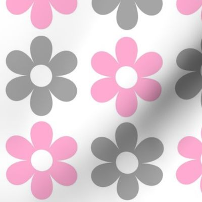 Pink and Grey Retro Daisies - Bigger Scale