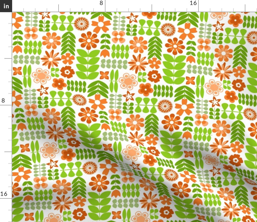 Scandinavian Flowers - Medium Scale Orange and Green