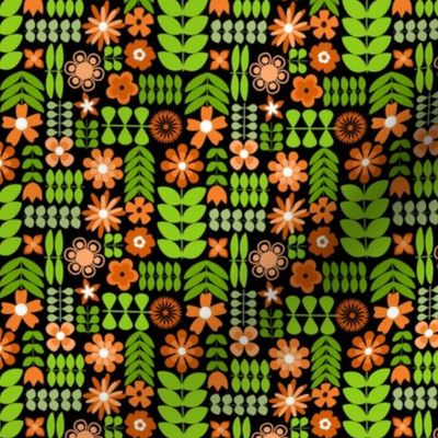 Scandinavian Flowers - Small Scale Orange and Green on Black
