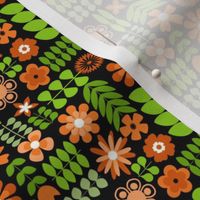 Scandinavian Flowers - Small Scale Orange and Green on Black