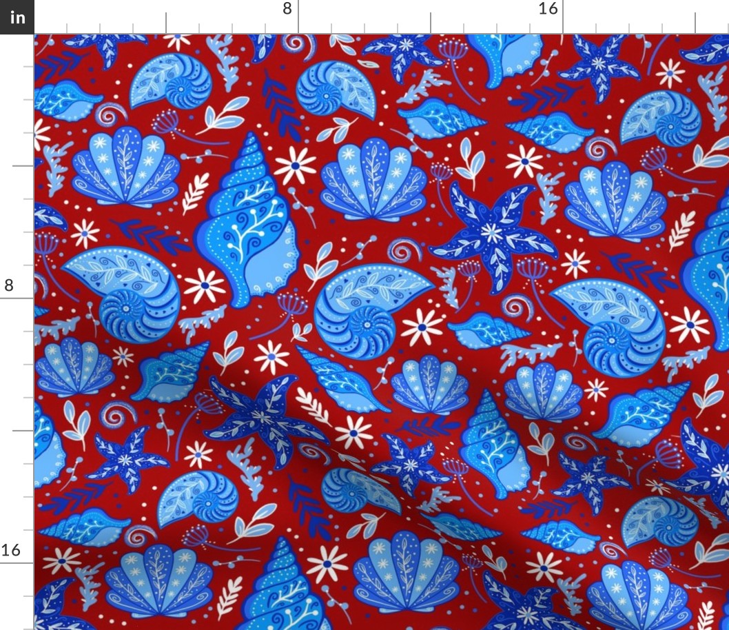 Painted Seashells on Red- Large Scale