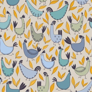 Funny cute boho chickens farm, happy birds, spring blue green