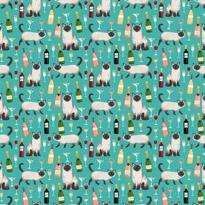 SMALL siamese cat wine fabric - cute cat fabric, wine fabric, cat fabric, siamese cats fabric - turquoise