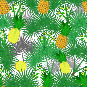 Tropical plants and pineapples on white background.