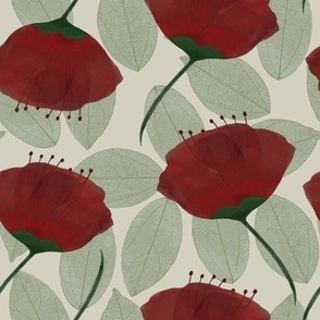 Watercolour Poppies on Leaves Bed