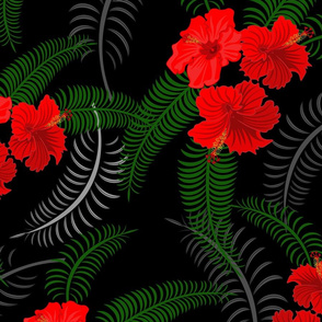 Hibiscus flowers_ tropical plants_ black background.