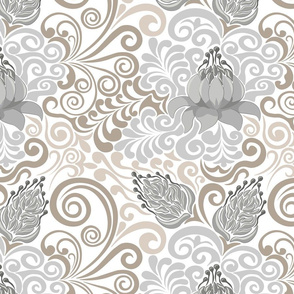 Vintage damask pattern, white background.