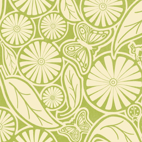 Island Time!  Kiwi green & yellow floral with butterflies & bees & tropical lowers and  leaves