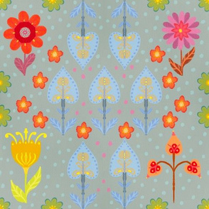 Retro Bright Folk Art flowers medium grey background