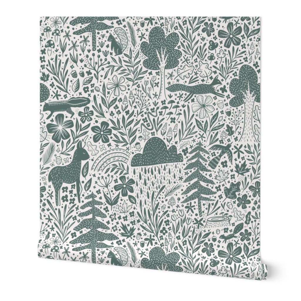 Canadian Flora and Fauna - green linocut Wallpaper | Spoonflower