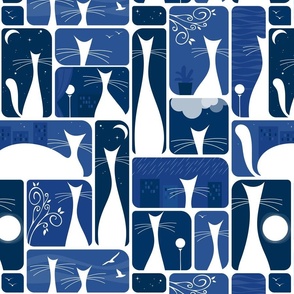 cats in my window at night - white cats on blue - cats fabric