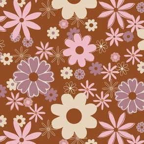 Retro Geometric Flowers Brown and Pink