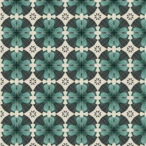 Abstract Floral Tiles in Green & Beige