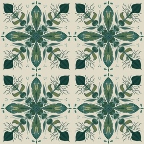 Green floral tiles beige background 