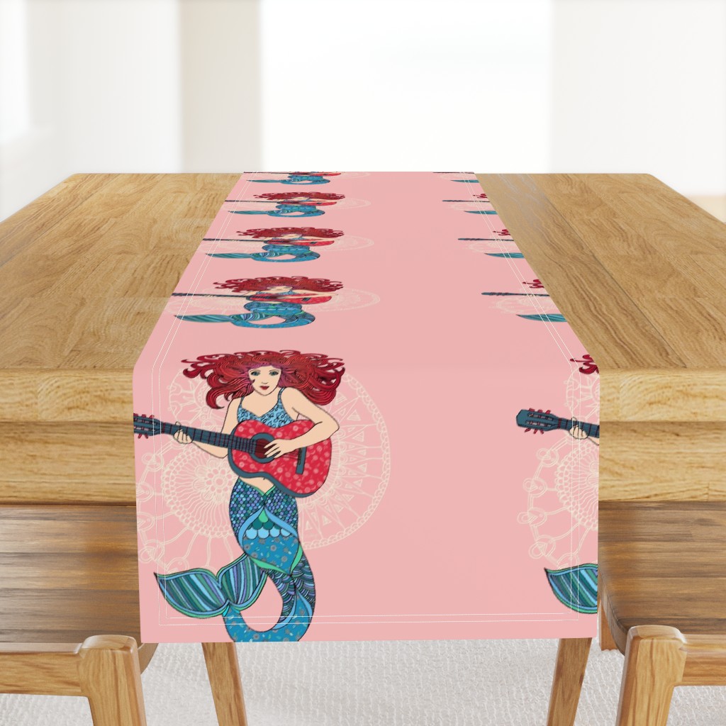 Musical Mermaid on Pink - straight repeat with plain background