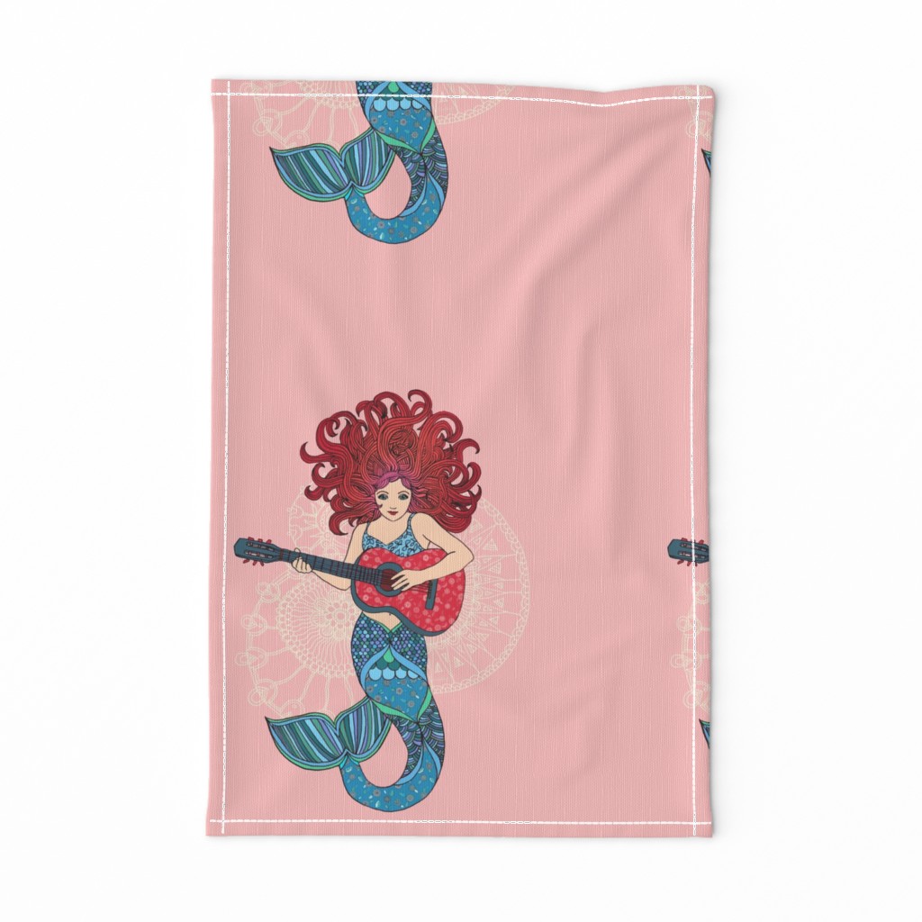 Musical Mermaid on Pink - straight repeat with plain background