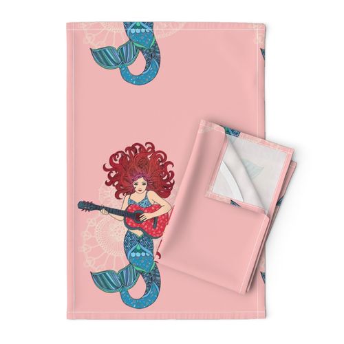 Musical Mermaid on Pink - straight repeat with plain background