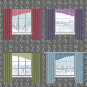 Windows with winter cityscapes and colorful curtains