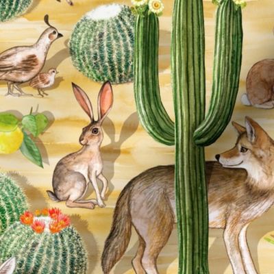 Early Arizona Morning - Watercolor Animals and Cacti - small, warm yellow