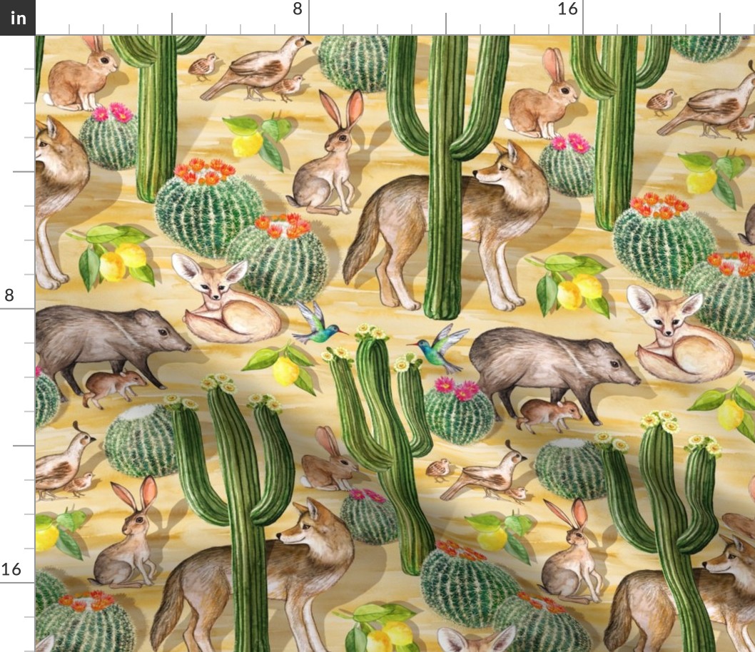 Early Arizona Morning - Watercolor Animals and Cacti - small, warm yellow