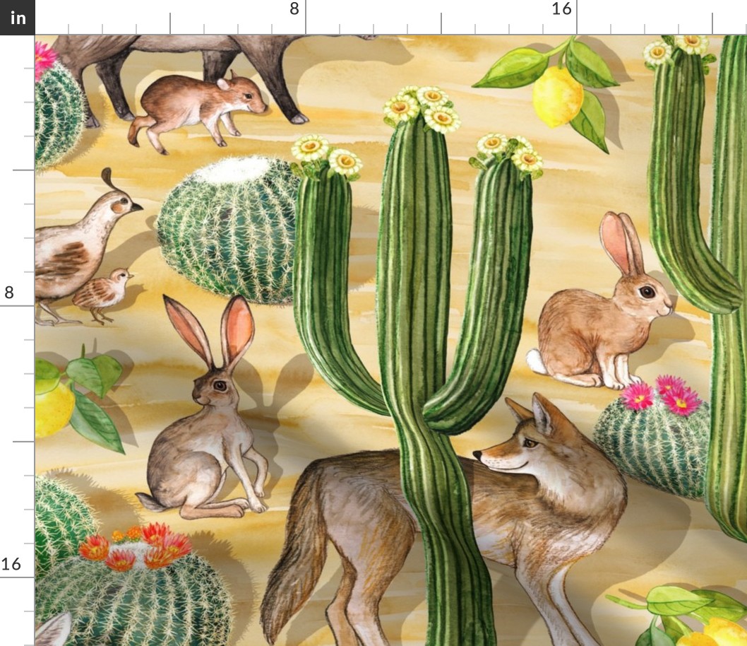 Early Arizona Morning - Watercolor Animals and Cacti - large, warm yellow